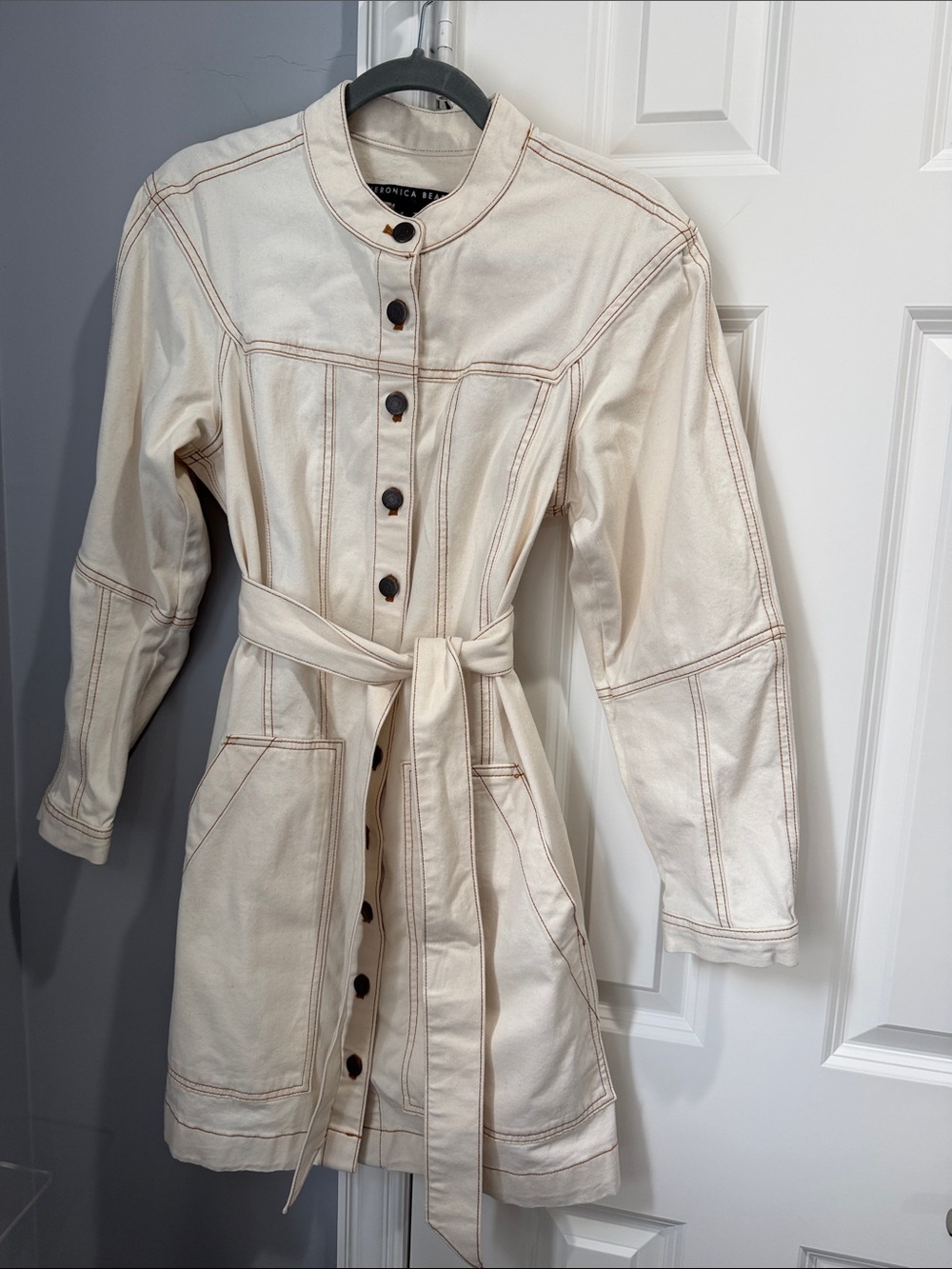 Veronica Beard Ivory Cotton Belted Denim Dress